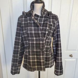 Jou Jou Plaid Poly Wool Pea Coat Women's Size Large Button Up Grey and Black